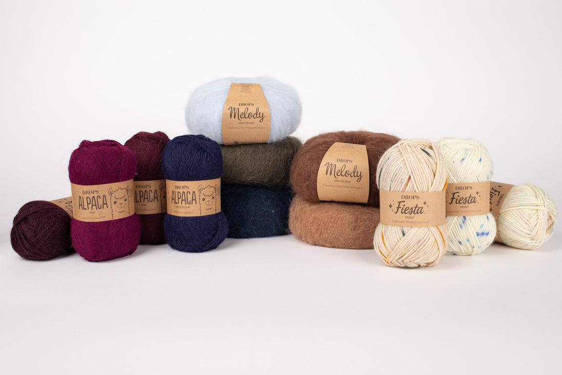 DROPS-garner i olika grovlek bredvid varandra — Alpaca, Melody och Fiesta