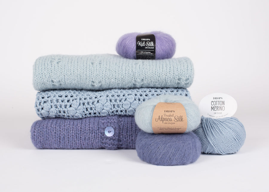 Nystan av DROPS Kid-Silk och Brushed Alpaca Silk i samma färgskala — olika garner i samma garngrupp